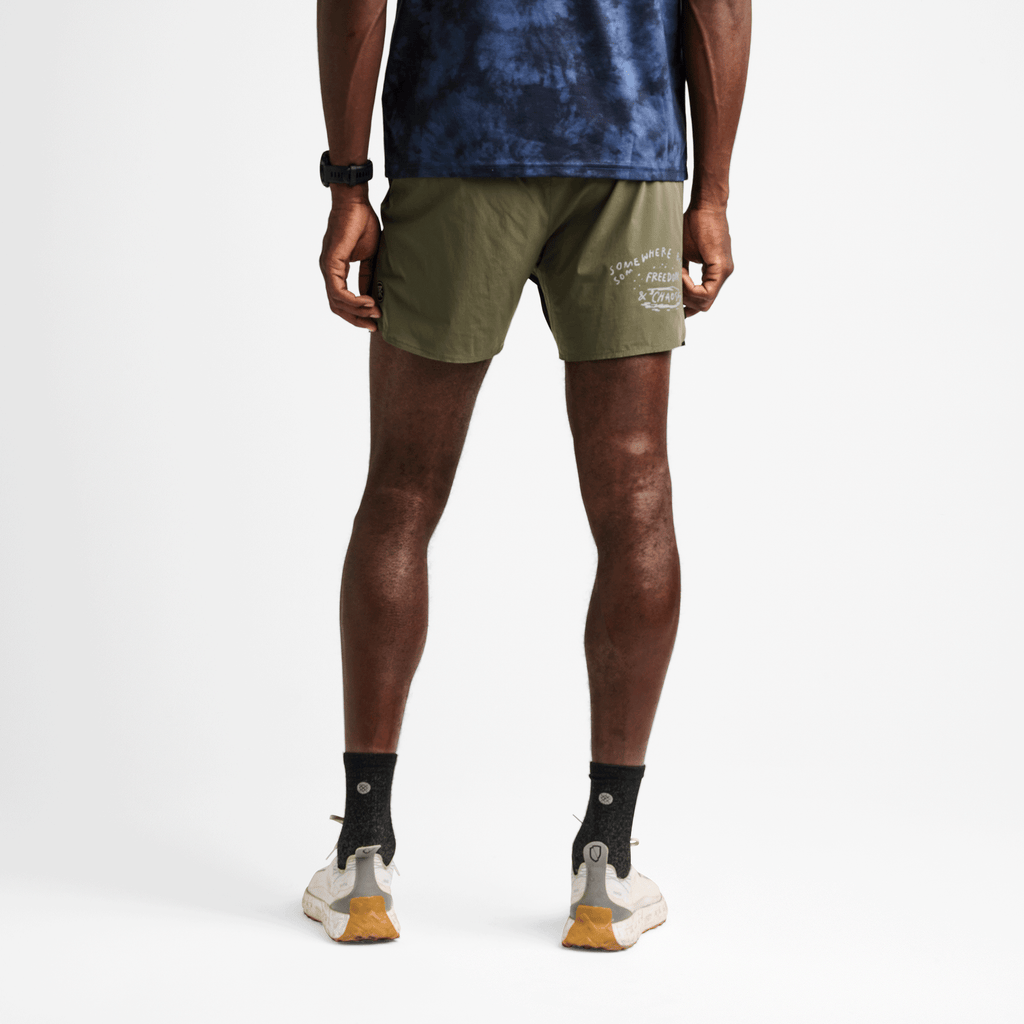 On body shot of Roark Men's Outdoor Clothing and Gear | Alta Light Shorts 5" in Black / Military for runners. Big Image - 4