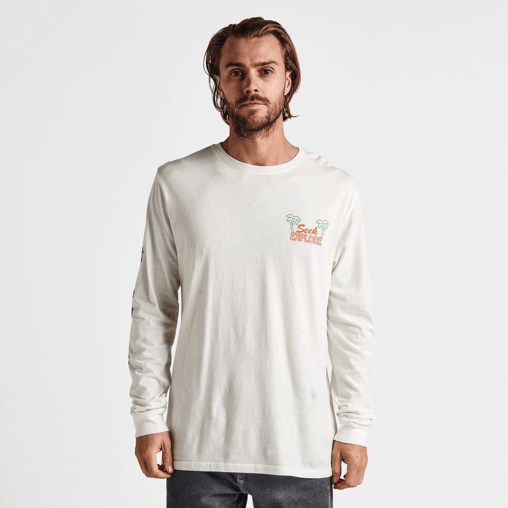 The on body view of Roark's Seek & Explore Long Sleeve Organic Cotton Tee - Off White Big Image - 2