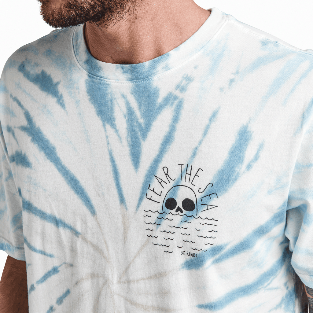The on body view of Roark's Fear The Sea Tie Dye Wash Premium Tee - Light Blue Big Image - 4