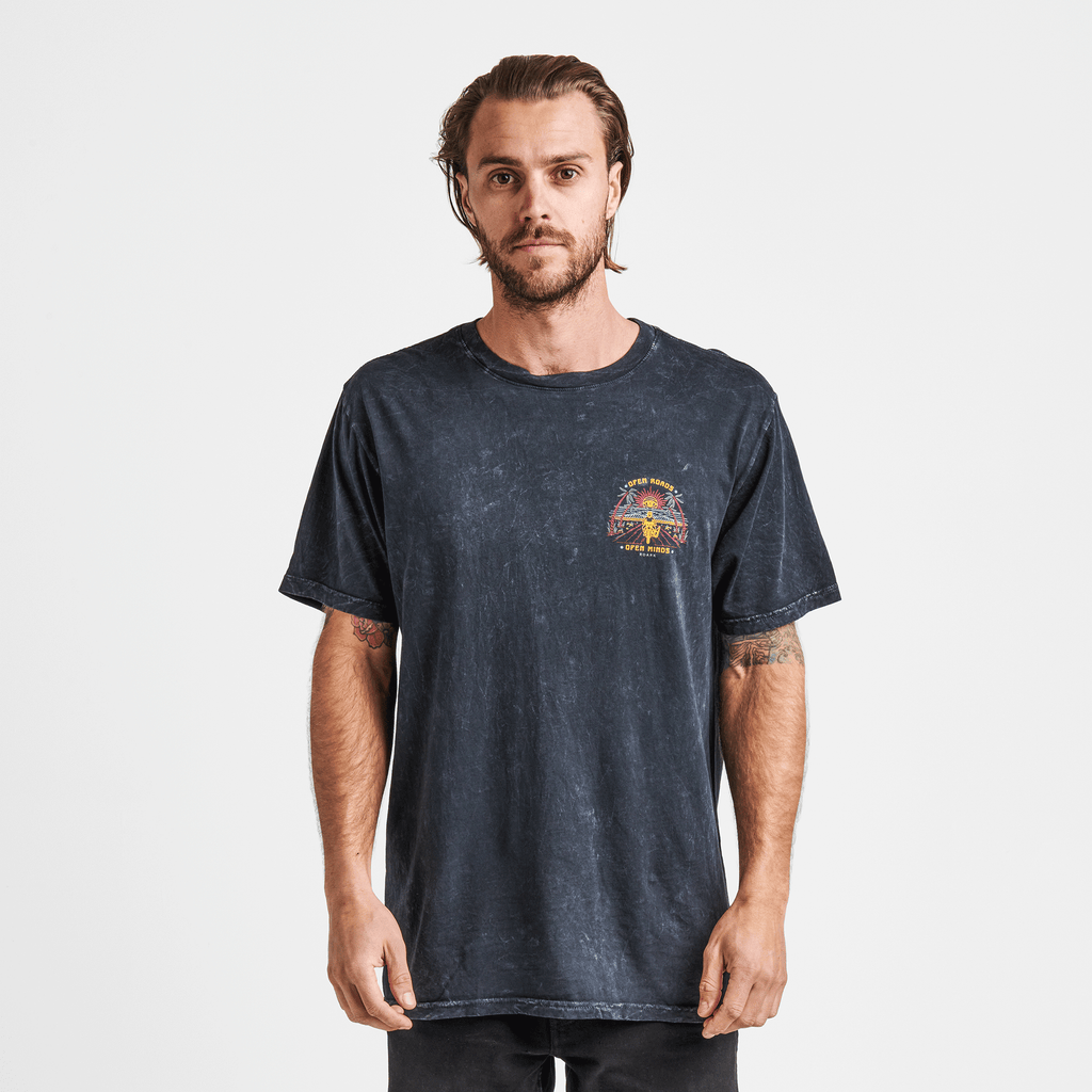 The on body view of Roark's Open Roads Mineral Wash Premium Tee - Black Big Image - 2