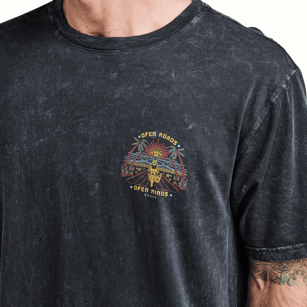 The on body view of Roark's Open Roads Mineral Wash Premium Tee - Black Big Image - 4