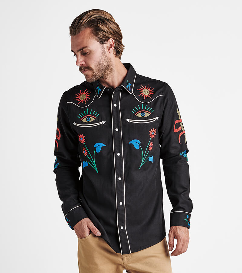 The on body of Roark's best-seller inspired by our love for Westerns, rodeos, and adventure - the On the Range Long Sleeve Button Up Shirt in Black is sure to turn heads. Big Image - 4