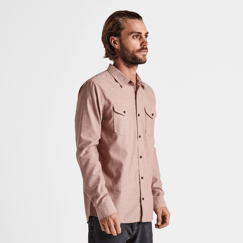 The on body view of Roark's Well Worn Long Sleeve Oxford Shirt - Russet Big Image - 3