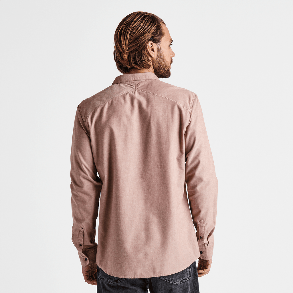 The on body view of Roark's Well Worn Long Sleeve Oxford Shirt - Russet Big Image - 4