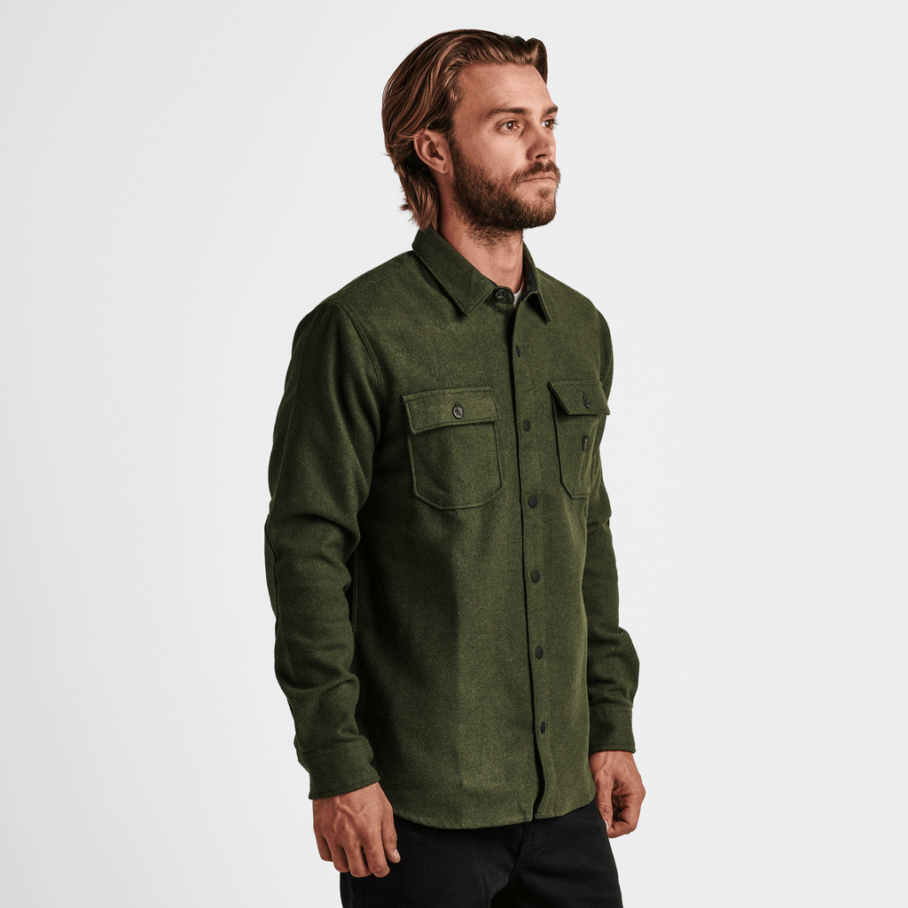 The on body view of Roark's Nordsman Long Sleeve Flannel in Dark Military for men. Big Image - 3
