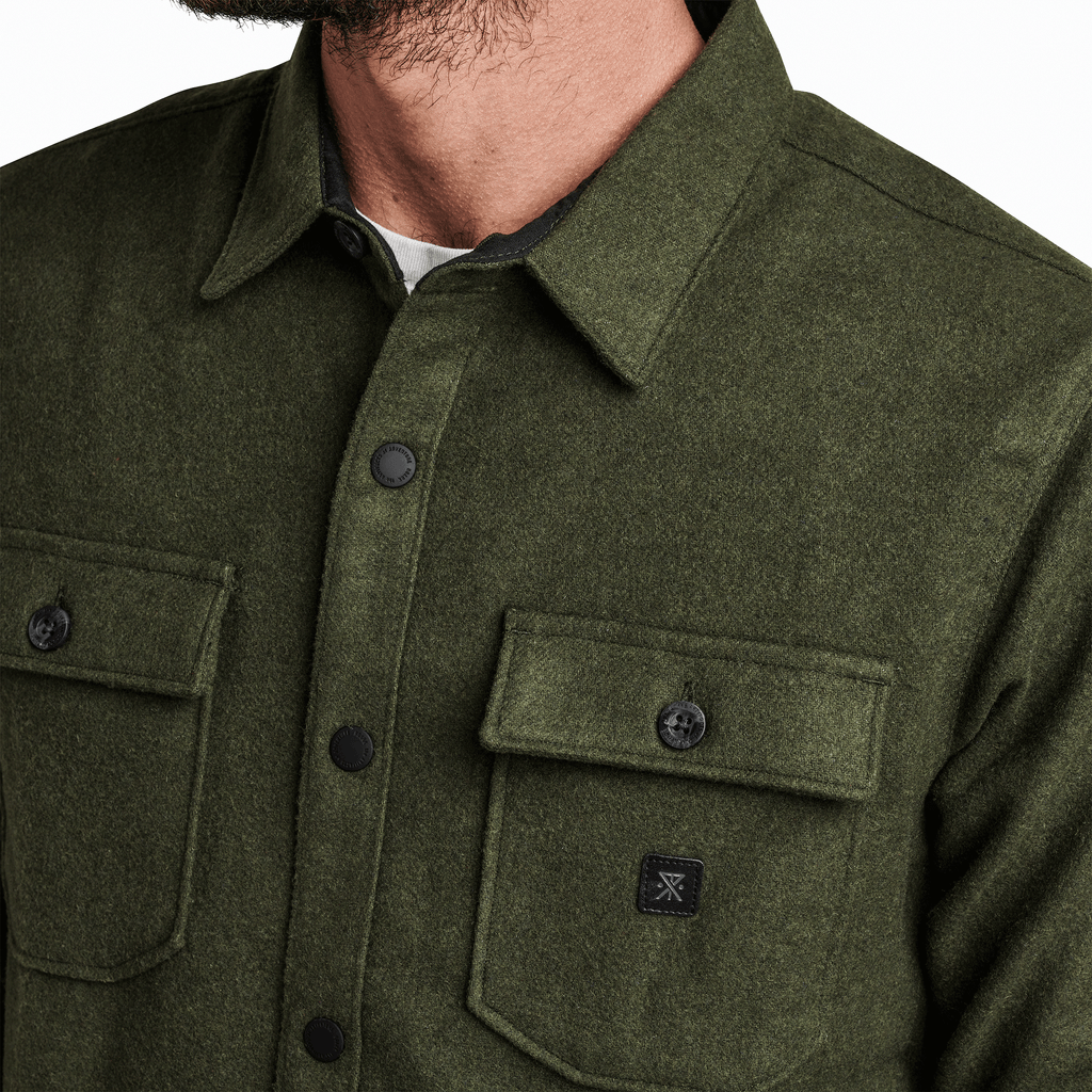 The on body view of Roark's Nordsman Long Sleeve Flannel in Dark Military for men. Big Image - 5