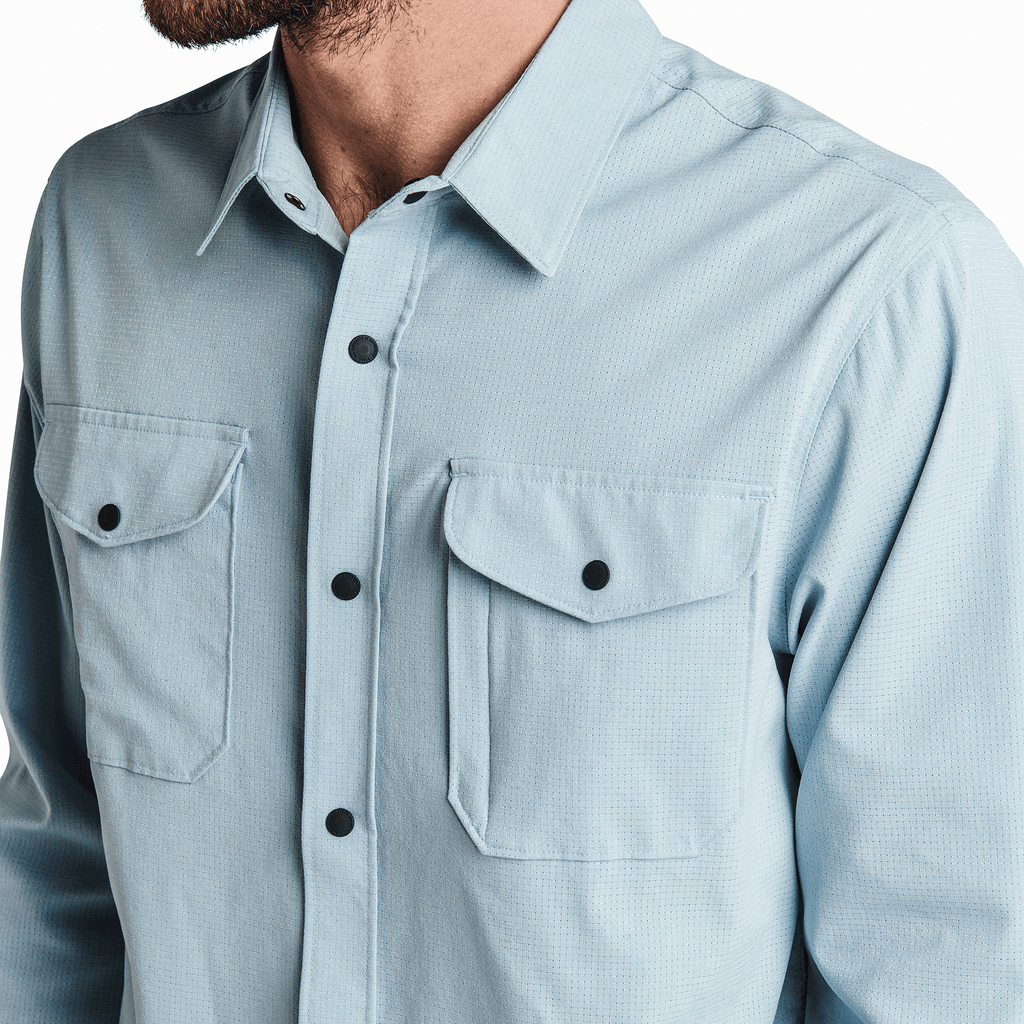 The on body view of Roark's Bless Up Long Sleeve Flannel - Stone Blue Big Image - 5