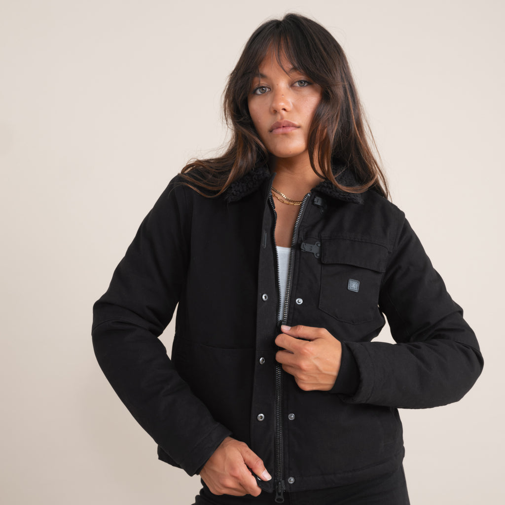 The on body view of Roark's Axeman Jacket in Black for women. Big Image - 7