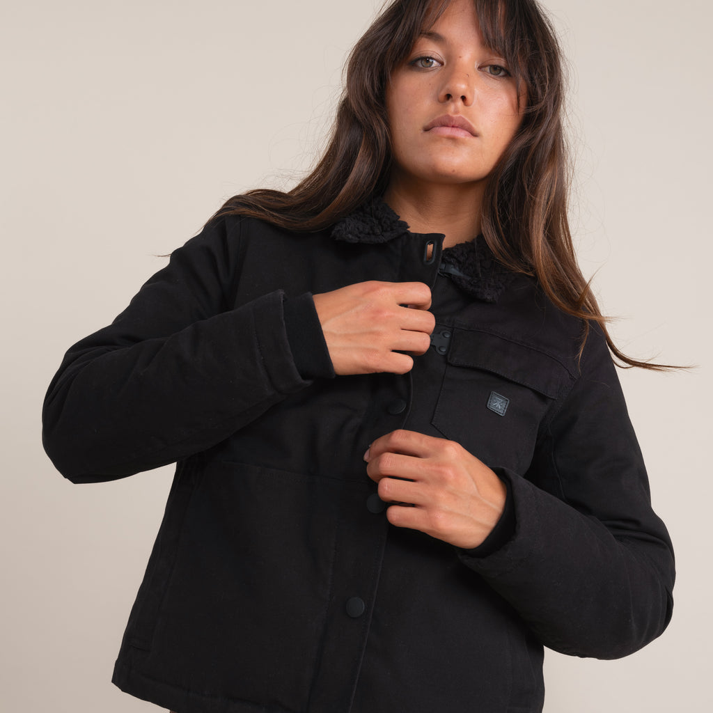 The on body view of Roark's Axeman Jacket in Black for women. Big Image - 2