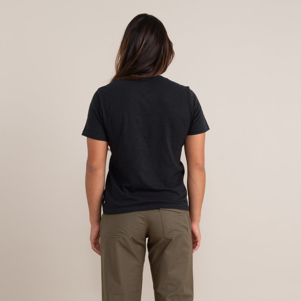 The on body view of Roark's Well Worn Short Sleeve Knit for women. Big Image - 18