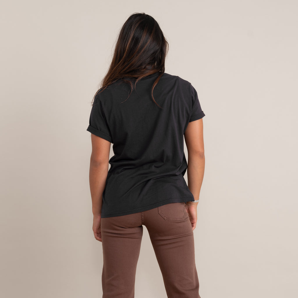The on body view of Roark's Open Roads Open Minds tee for women. Big Image - 2