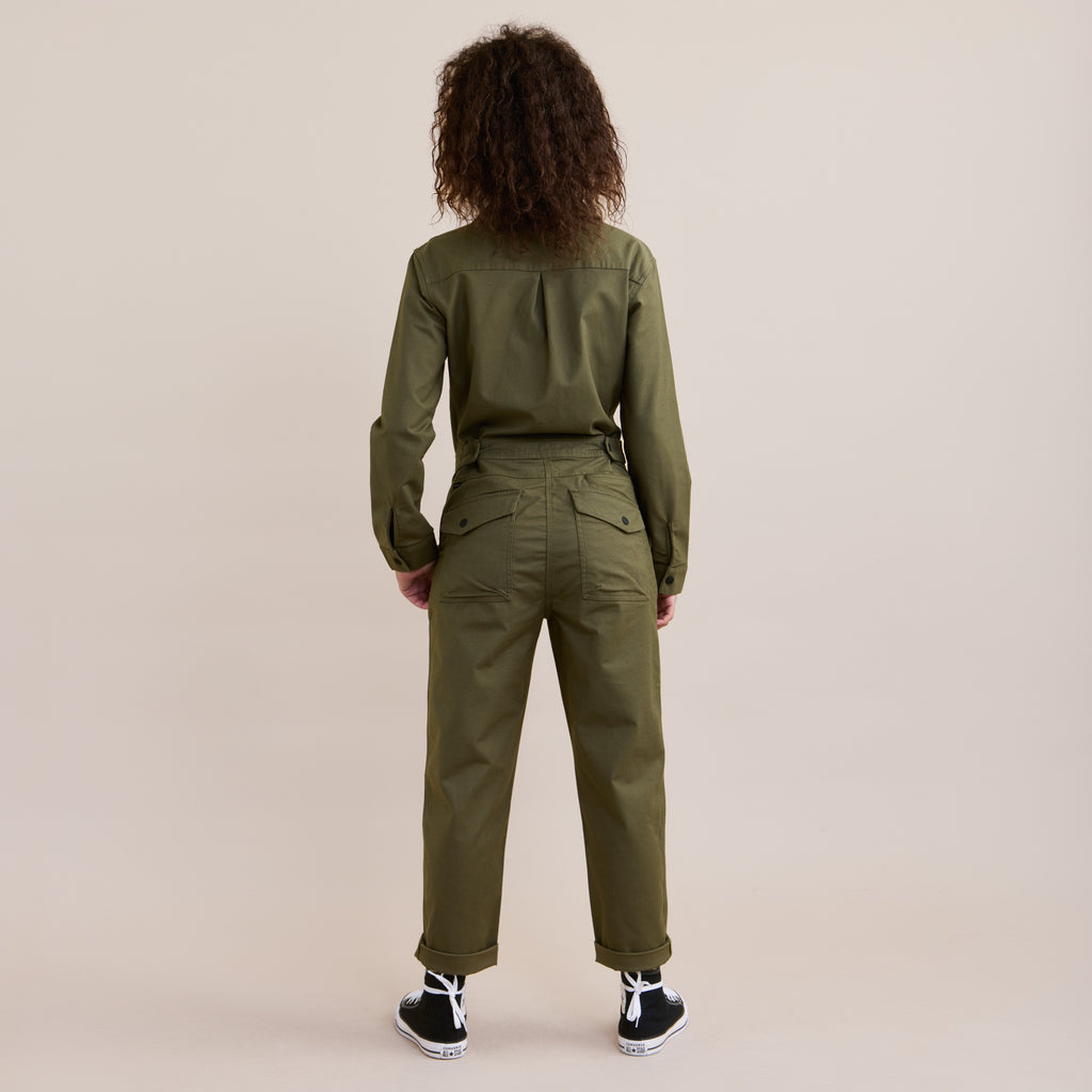 The back, full body view of Roark's Layover Jumpsuit Romper - Military Big Image - 5